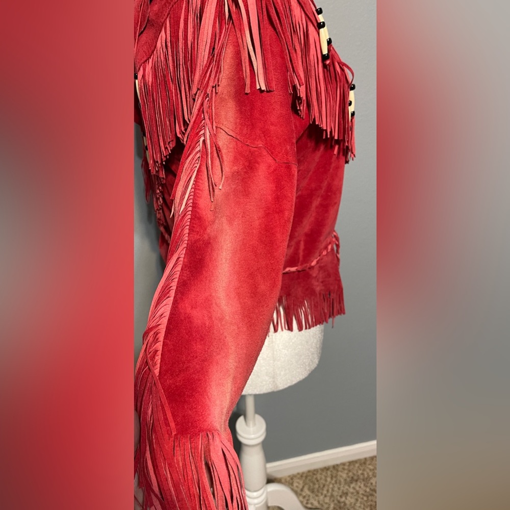 Ren Ellis Red Suede Fringe Western Top Beaded Cowgirl Southwestern Small - Flaws - Picture 2 of 11